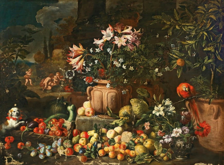 Abraham Brueghel - Still life of flowers with fruits, putti and animals