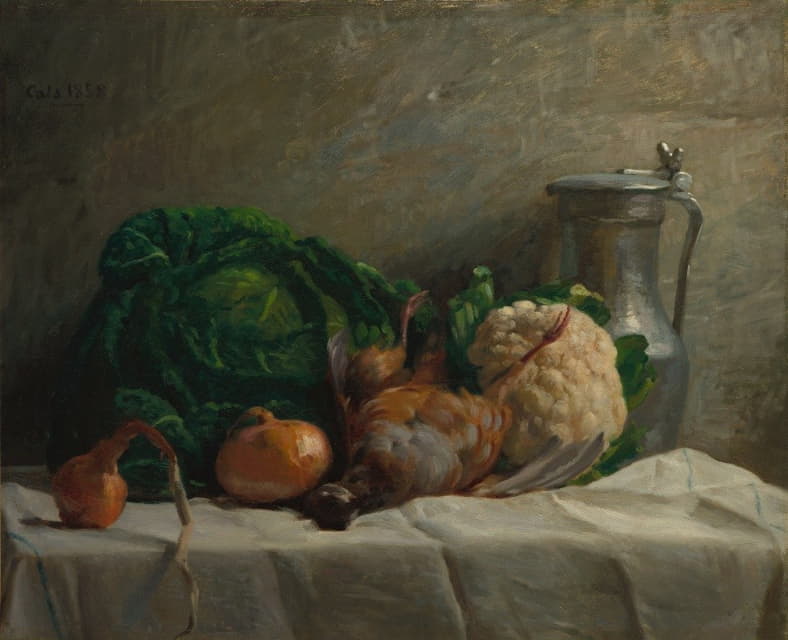 蔬菜、鹧鸪和水壶的静物画