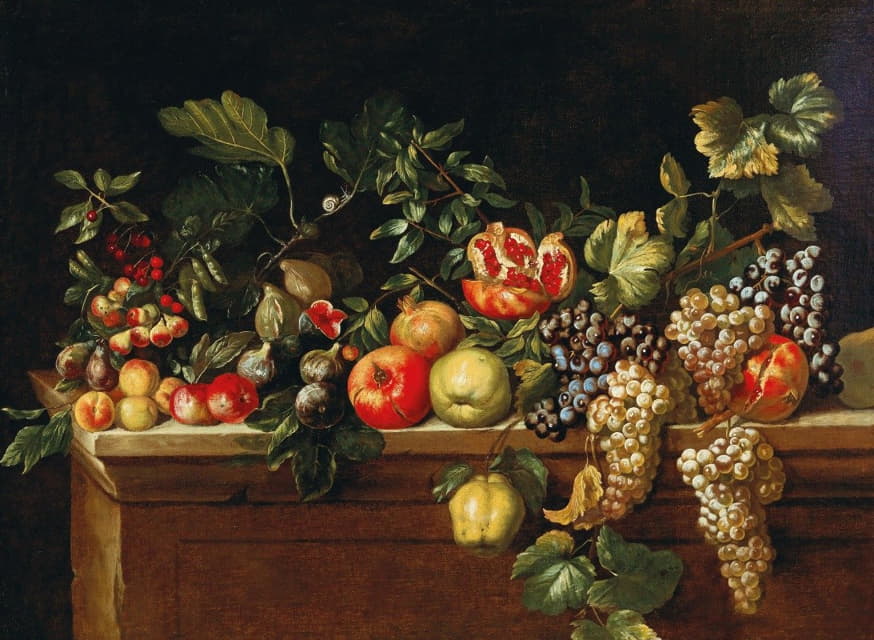 Agostino Verrocchio - Apples, grapes, figs and pomegranates and other fruit on a ledge
