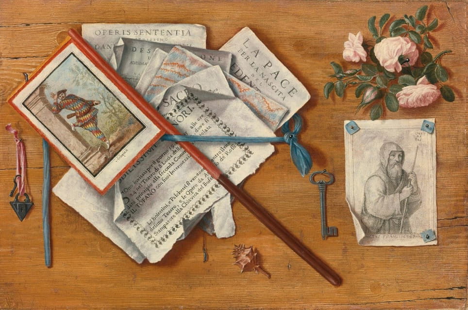 Trompe L'oeil静物画，画板上有字母和其他物体