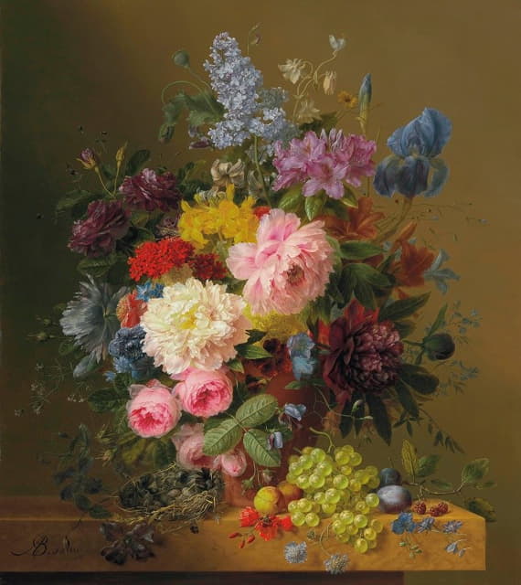 Arnoldus Bloemers - Peonies, Tulips, Roses, Irises and other Flowers with Fruit and a Bird’s Nest on a Marble Ledge
