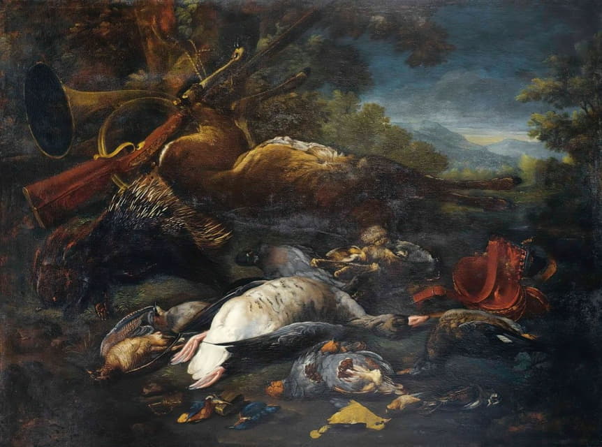 Baldassarre De Caro - Still Life With Hunting Trophies And A Porcupine
