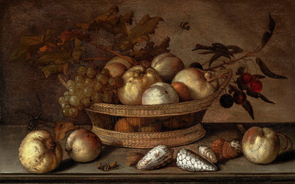 一个装满樱桃、苹果、桃子和一串葡萄的篮子，周围是苹果、桃子、贝壳、蜜蜂和蜻蜓
