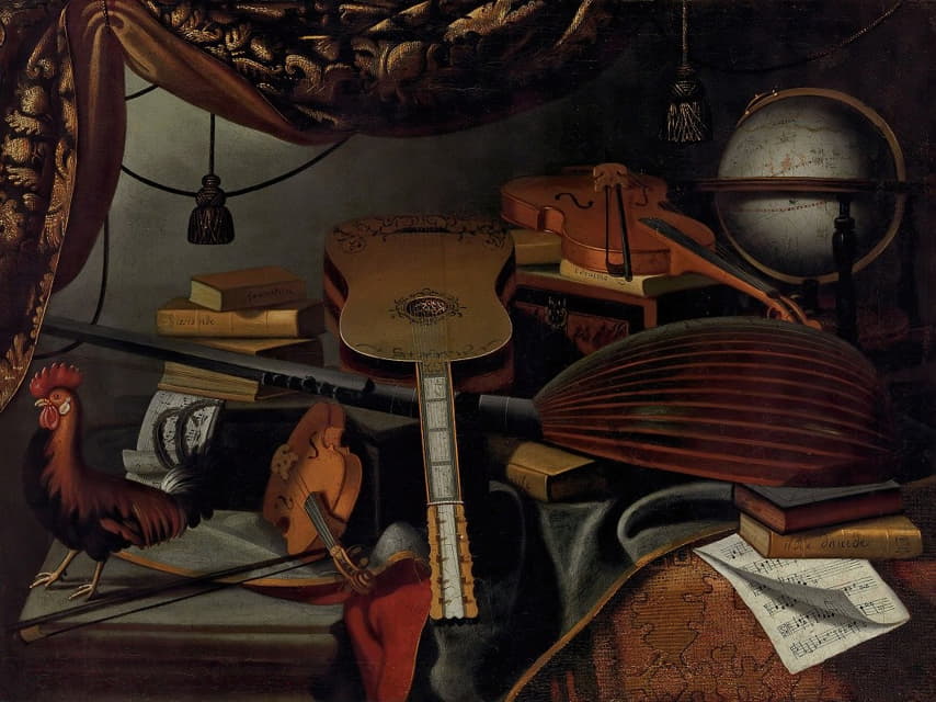 乐器、书籍、乐谱、一个地球仪和一只公鸡放在铺着地毯的桌子上