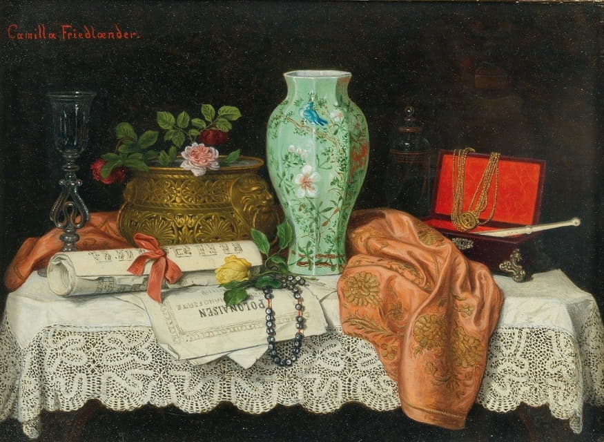 Camilla Friedländer - A Still Life with Music Sheets, a Jewellery Box and an Asian Vase