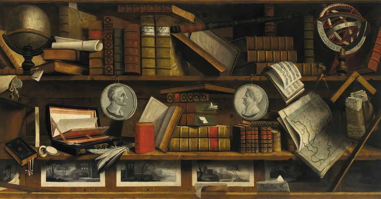 Charles Bouillon - A trompe l’oeil of a collector’s study with engravings, drawings, letters and books