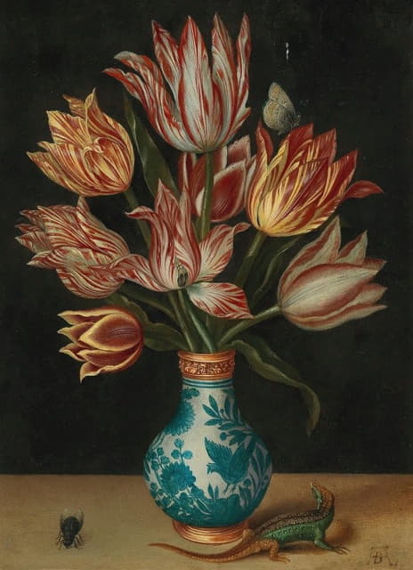 Circle of Ambrosius Bosschaert I - A still life with parrot tulips in a Wan-Li vase, a fly and a lizard
