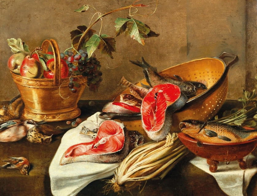 铜容器中的水果、鱼和猎物的静物画