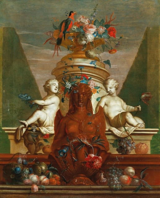 Coenraet Roepel - An elaborate fountain with fruit, flowers and a parrot
