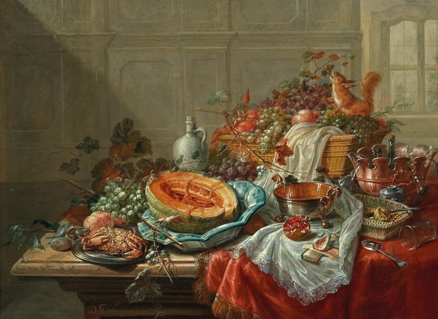 桌子上的瓷器、银器、水果和贝类