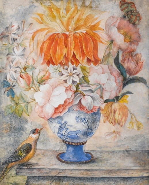 Dutch School - Still Life Of Flowers In A Blue Decorative Vase With A Bird Perched Beside On A Ledge