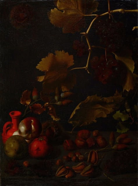 用葡萄、苹果、栗子、杏仁、橡子和一个红色粘土瓶来制作静物画