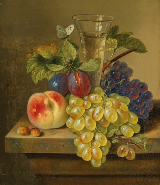 Erdmann Schultz - A Still Life with Grapes, a Champagne Glass and a Butterfly