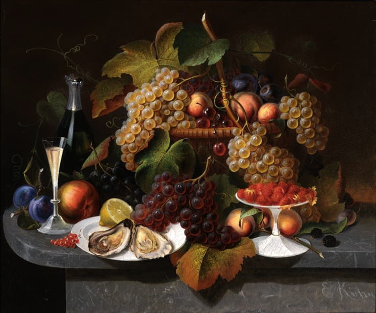 水果、牡蛎和葡萄酒的静物画