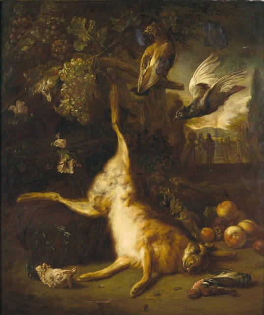 Flemish School - Game with a hare and birds, a park landscape beyond
