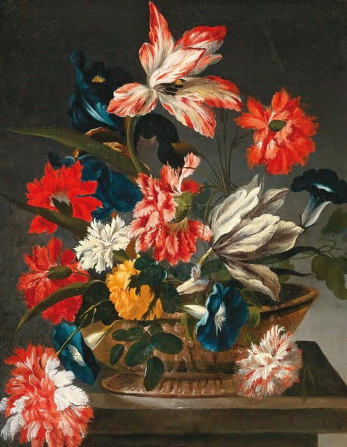 Francesco Caldei - Flowers in a decorative vase on a stone ledge
