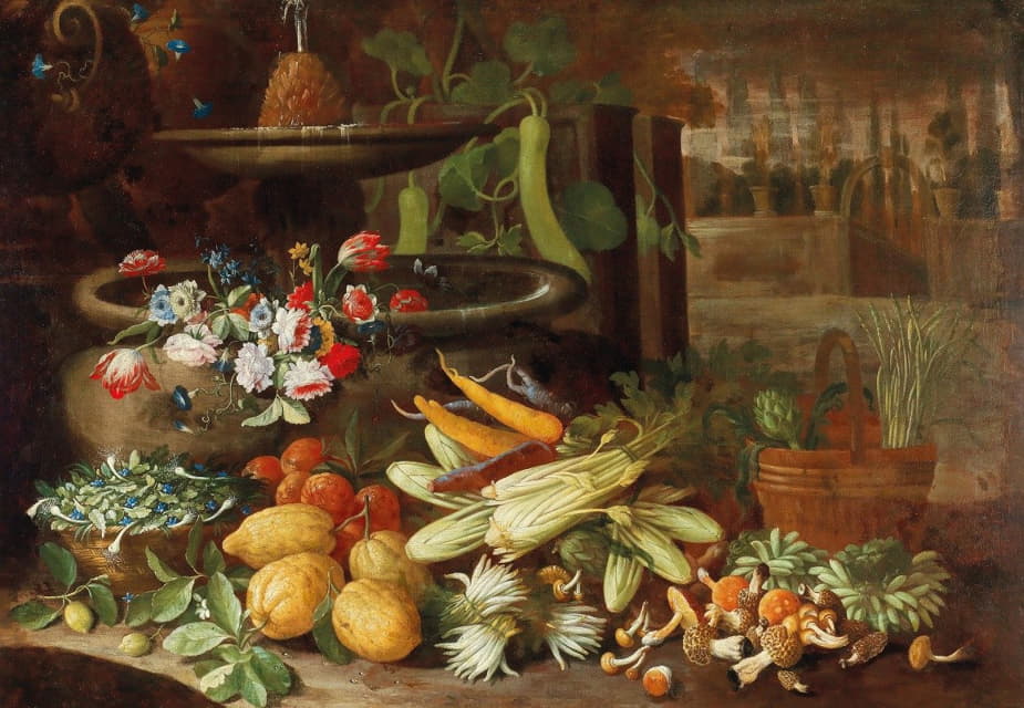 Francesco della Questa - Flowers, fruit, and vegetables, with mushrooms beside a fountain in a villa garden