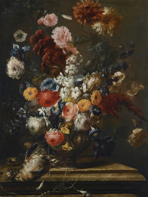 Franz Werner von Tamm - A Still Life Of Flowers In An Urn On A Marble Ledge With A Bird