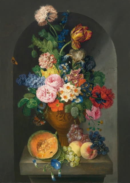 一个青铜制的花坛，里面有一个瓜、桃子和葡萄、一只蝴蝶和一只毛虫