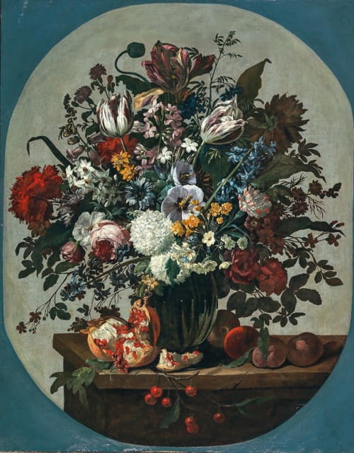郁金香、水仙花、牡丹和其他花卉放在一个花瓶里，花瓶周围有石榴和其他水果，在一个石头架上