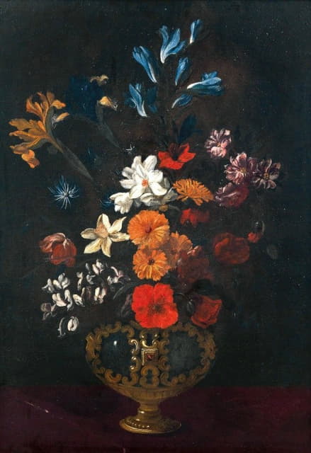 Giacomo Recco - Flowers in an ornamental vase on a table