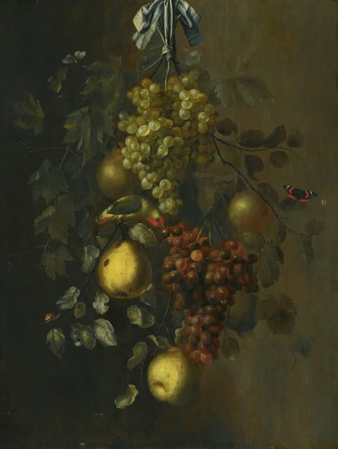 Gillis Gillisz. de Bergh - A Festoon Of Grapes, Apples And Pears Hanging From A Nail, With Snails, Butterflies And A Parrot