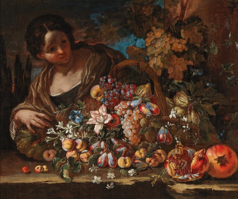 和一个年轻的女人在石头架上的鲜花和水果