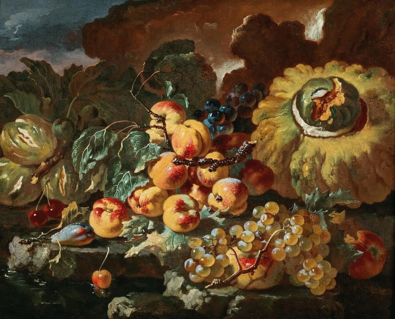 桃子、苹果、李子和樱桃放在一个南瓜旁边的石头架上