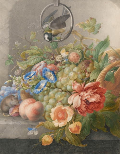 Herman Henstenburgh - Stilleven met bloemen, vruchten, een koolmees en een muis