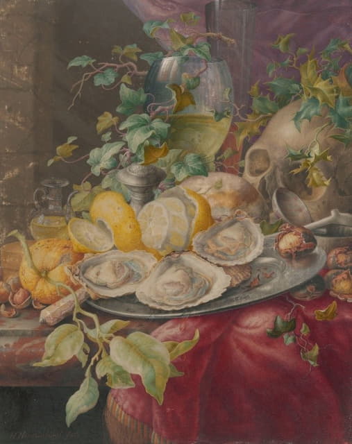 Herman Henstenburgh - Vanitasstilleven met oesters en schedel