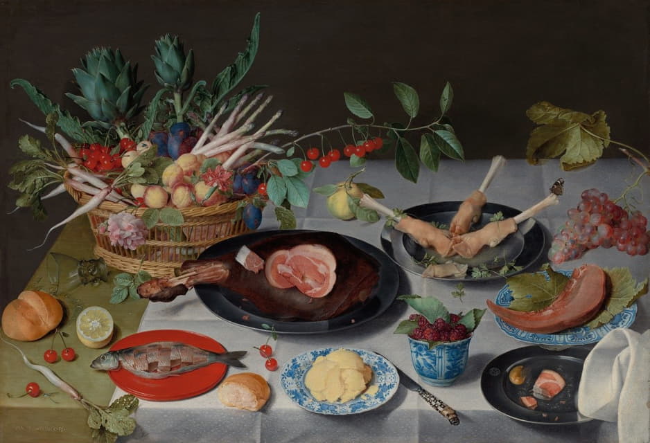 肉、鱼、蔬菜和水果的静物画