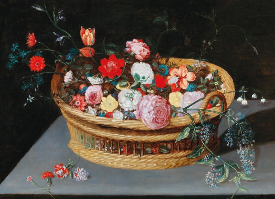 Jan Brueghel the Younger - A basket with spring flowers on a stone table