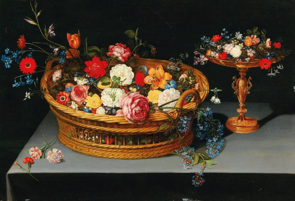 Jan Brueghel the Younger - Mixed flowers in a basket with a tazza nearby