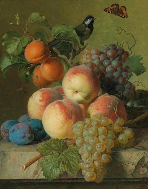 Jan Frans van Dael - Still life of peaches, grapes and plums on a stone ledge with a bird and a butterfly