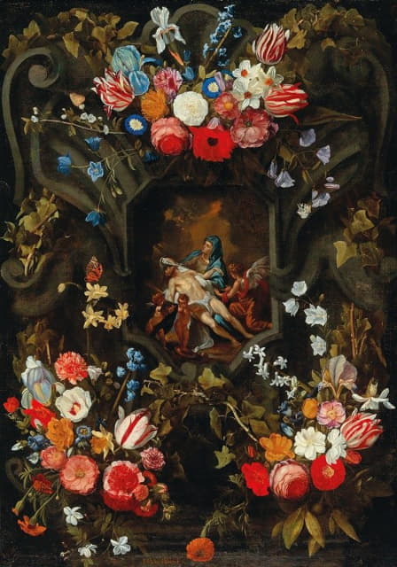 Jan Philips van Thielen - A garland of flowers surrounding a cartouche with a Pietà