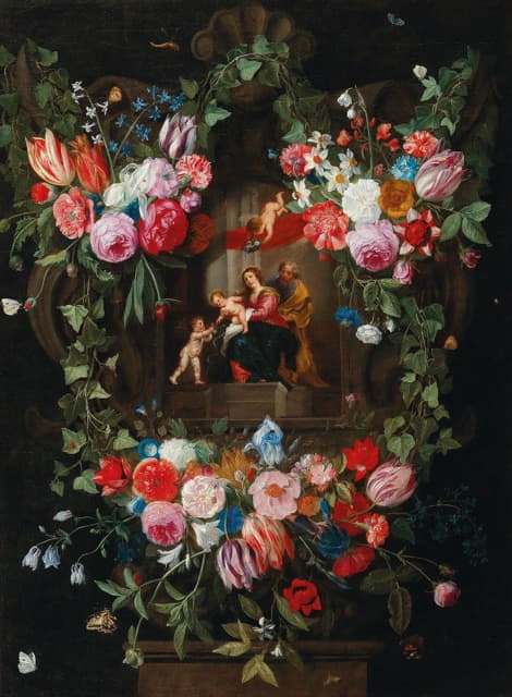 一个花环围绕着一个带有神圣家庭和putti的卡通画