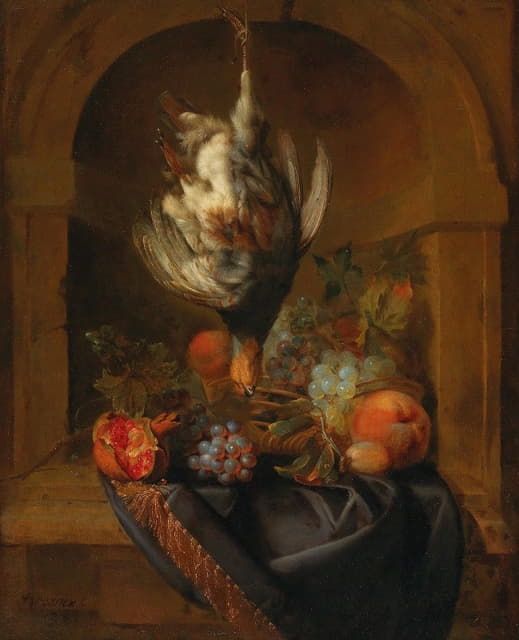 Jan Weenix - A partridge and fruit in a partially draped niche