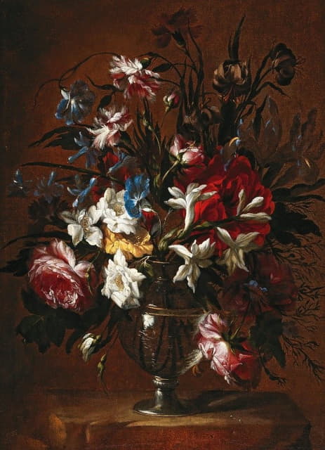 Jean-Baptiste Monnoyer - Carnations, roses, lilies and other flowers in a vase on a ledge