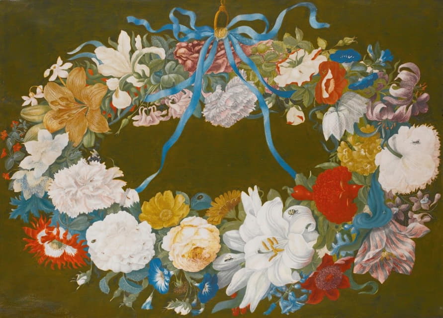 Johannes Bronckhorst - A Garland Of Flowers, Tied To A Ring With A Blue Ribbon