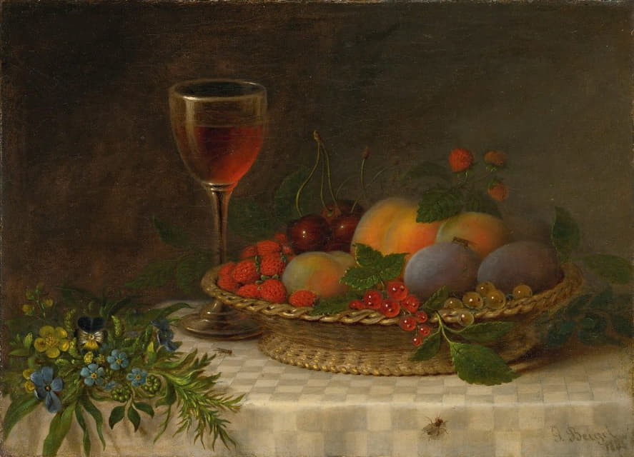 John Beigel - Still Life With A Basket Of Fruit, A Glass Of Sherry And A Bouquet Of Flowers