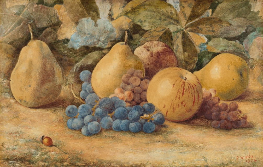 水果的静物——地上的苹果、梨和葡萄
