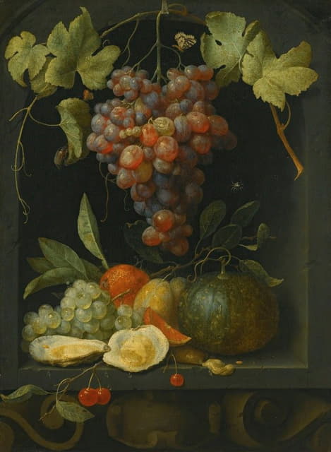 静物画：葡萄、甜瓜、橘子、李子和牡蛎在石头壁龛里