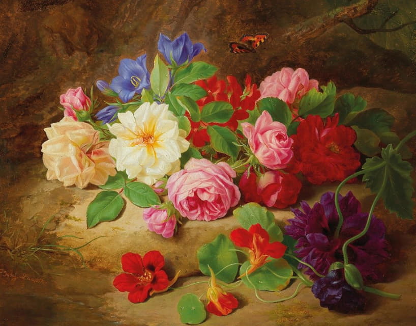 Josef Lauer - A Forest Floor with Roses and a Butterfly