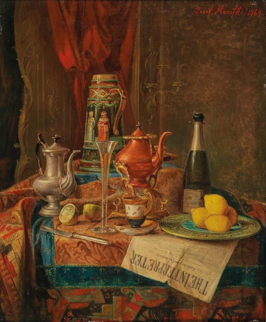 丰富的静物画，配香槟酒杯和马约利卡水壶