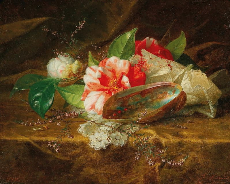 Jules Ferdinand Médard - Still life with camellia, a shell and a lace doily