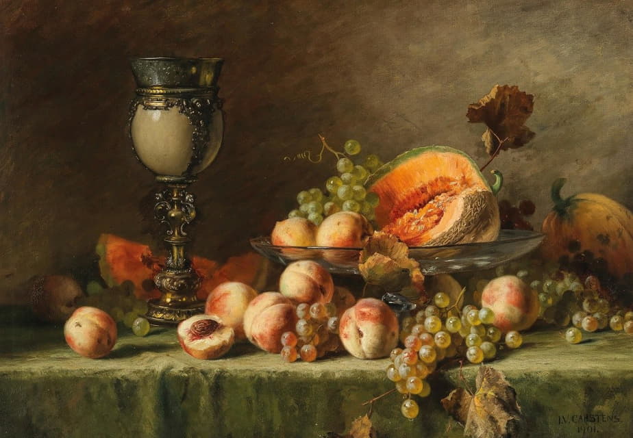 桃子、葡萄和南瓜的静物画