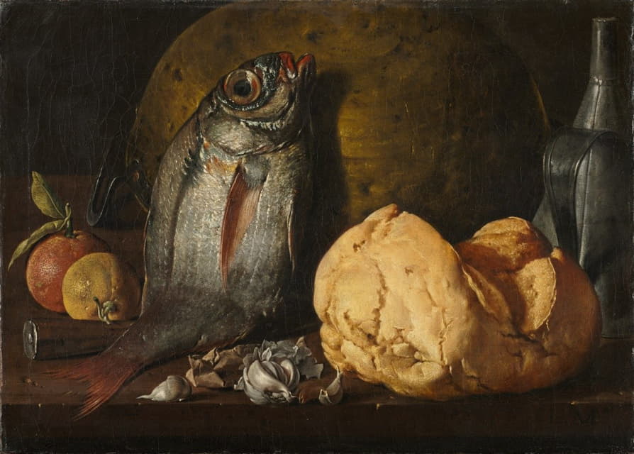 鱼、面包和水壶的静物画