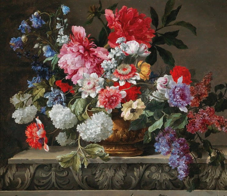Nicolas Baudesson - A still life with roses, tulips, anemones, sprigs of lilac, viburnums and shrubs