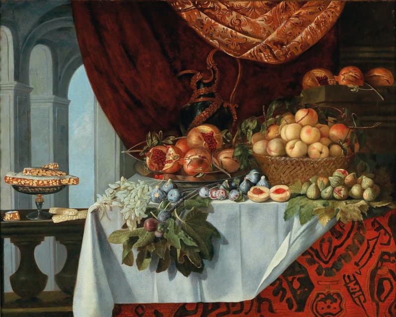 盘子上有石榴，篮子里有桃子，桌子上有无花果、李子和葡萄