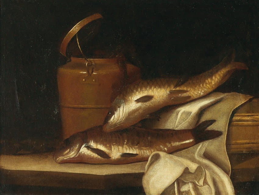Pierre Nichon - A still life with carps in front of a copper kettle